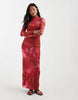 Vero Moda Petite long sleeve drapey mesh maxi dress in pink and orange marble print