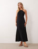 Miss Selfridge Petite linen blend halter neck midaxi dress in black