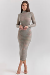 grey velour sheer striped midi skirt