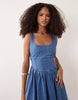 denim ballerina inspired mini dress in mid blue