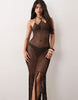 Kaiia exclusive premium halterneck crochet tassel hem maxi dress in chocolate