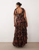 Lace & Beads Plus Bridesmaid Ophelia bow shoulders tulle maxi dress in black floral print