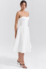 white cotton strapless midi sundress