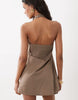 cotton linen halter neck wrap mini sundress in ashy brown