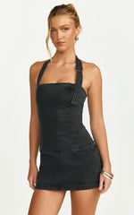 Nicky Top - Denim Hardware Buckle Halter Neck Top in Washed Black