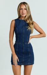Olenna Mini Dress - High Neck Fitted Denim Dress in Indigo Wash
