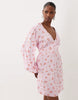 VILA v neck button front long sleeve mini dress in pink floral print