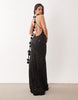 Oh Polly premium embellished plunge tie back floral detailing maxi dress in black
