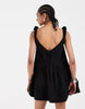 puff sleeve linen mix mini dress in black