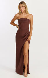 Tara Maxi Dress - Strapless Corset Drape Skirt Dress in Chocolate