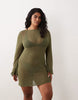Curve beach knit boucle scoop back mini dress in khaki