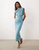 asymmetric off-shoulder midi dress in blue scuba-style fabric