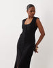 square neck button down midi sundress in black