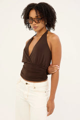 Luck & Trouble Izzy Jersey Halter Top Brown