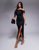 structured twist bardot bodycon midi dress in black scuba-style fabric