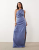 Petite one-shoulder satin maxi dress with pleat detail in lavender blue