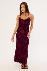 Luck & Trouble Lelia Jacquard Slip Maxi Dress Burgundy