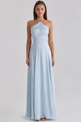 blue satin halter neck godet maxi dress