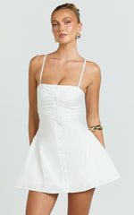 Monet Mini Dress - Button Down Ruched Front Fit And Flare Dress in Off White