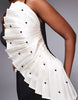 Premium pearl embellished bonded mini dress with pleat detail in black and cream scuba-style fabric