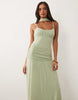 mesh ruched bust maxi dress with scarf detail in sage green