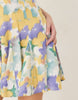 mini tea dress with godet hem in blue floral print