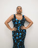 Curve scoop neck fishtail godet midi sundress in black floral print