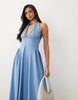 crepe halter maxi dress with gathered sides in baby blue