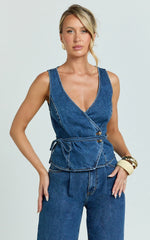Eleonor Top - Denim V Neck Vest Top with Tie Waist in Mid Blue Wash