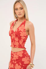 Perfect Stranger Zinna Halter Top Red Print