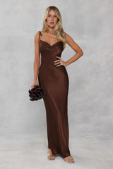 The Penelope Cowl Satin Maxi Dress Chocolate Brown