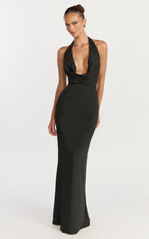 Sylvana Maxi Dress - Cowl Halter Neck Bodycon Dress in Black
