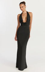 Sylvana Maxi Dress - Cowl Halter Neck Bodycon Dress in Black