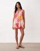 cotton linen v neck smock mini dress in pink fruit print