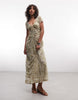 AllSaints Gabby short sleeve gathered floral mesh midi dress in green multi