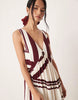 v neck trapeze tiered maxi dress in chocolate and cream stripe