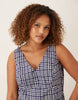 Curve waisted v-neck mini sundress with seaming details in navy gingham