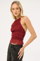 Luck & Trouble Marisole Halter Gathered Tie Top Burgundy