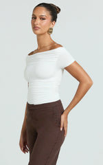 Gena Top - Off Shoulder Gathered Short Sleeve Top in Cream