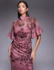 half wide sleeves column chiffon and satin contrast dress in pink abstract animal print