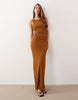 draped open back trim detail linen look maxi dress in tobacco