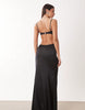 Oh Polly premium satin thigh slit maxi dress with embellished bralette detailing in black
