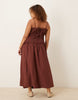 Curve crinkle midaxi sundress with shirred dropped waist in warm chocolate