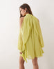 high neck chiffon mini dress with open sleeve in lime green
