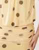 mesh blouson maxi dress with ruched dropped waist skirt in lemon polka dot print