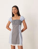 square neck mini dress in mixed blue stripes