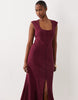 square neck button down midi sundress in burgundy
