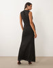 mesh deep v neck maxi dress with waist wrap detail in black