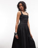COLLUSION square neck cotton shirred midi dress in black