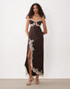 Tall corset slip maxi dress with lace and side slit in chocolate